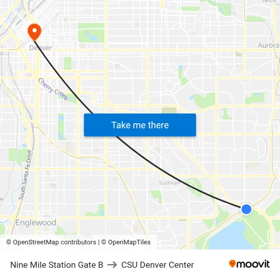 Nine Mile Station Gate B to CSU Denver Center map