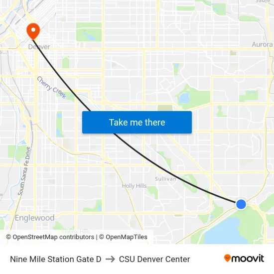 Nine Mile Station Gate D to CSU Denver Center map
