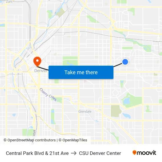 Central Park Blvd & 21st Ave to CSU Denver Center map