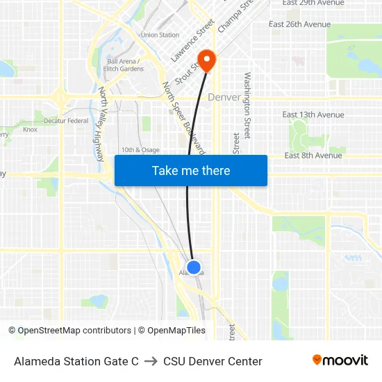 Alameda Station Gate C to CSU Denver Center map
