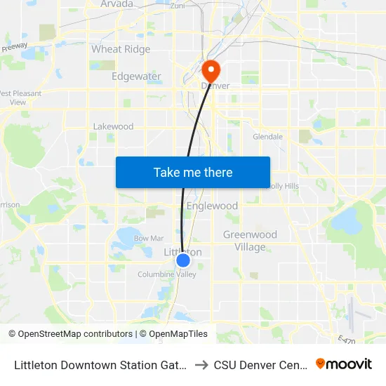 Littleton Downtown Station Gate D to CSU Denver Center map
