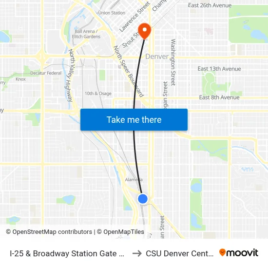 I-25 & Broadway Station Gate D1 to CSU Denver Center map