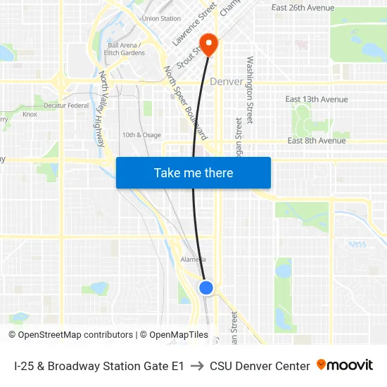 I-25 & Broadway Station Gate E1 to CSU Denver Center map