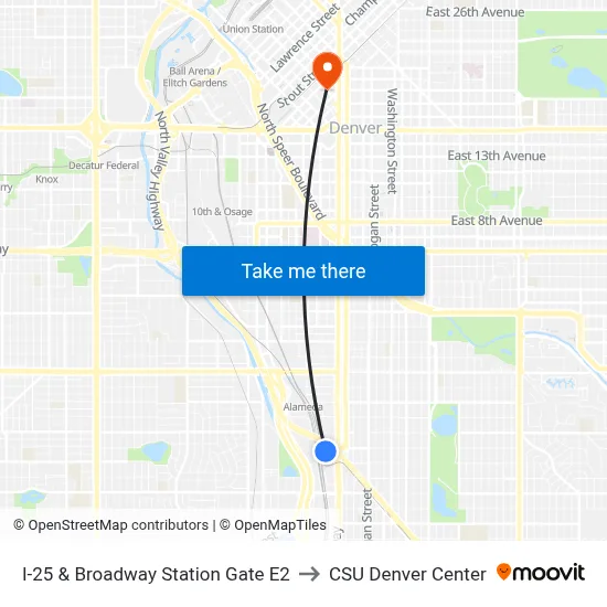 I-25 & Broadway Station Gate E2 to CSU Denver Center map