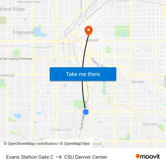 Evans Station Gate C to CSU Denver Center map