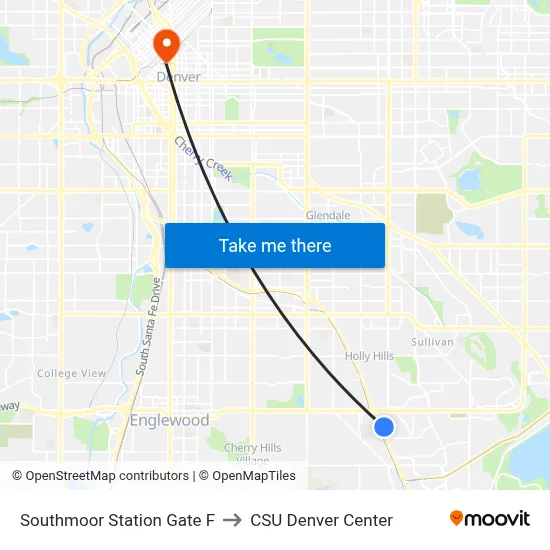 Southmoor Station Gate F to CSU Denver Center map