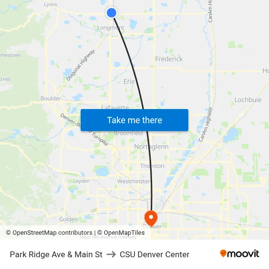 Park Ridge Ave & Main St to CSU Denver Center map