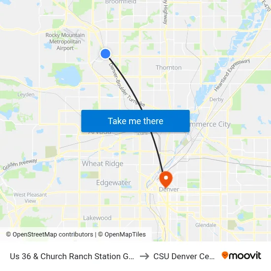 Us 36 & Church Ranch Station Gate A to CSU Denver Center map
