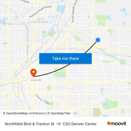 Northfield Blvd & Trenton St to CSU Denver Center map