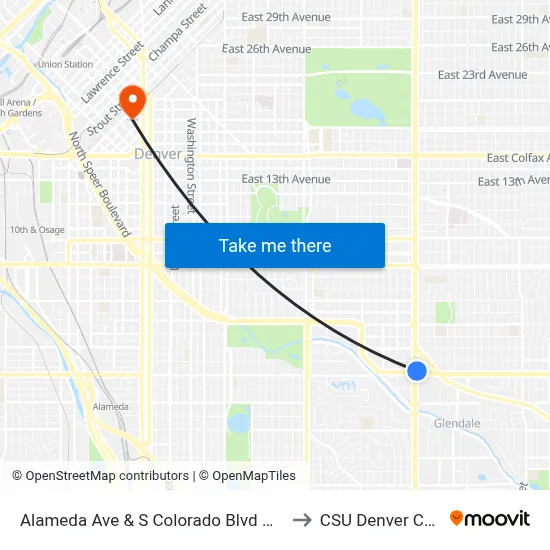 Alameda Ave & S Colorado Blvd Nearside to CSU Denver Center map