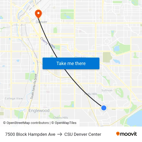 7500 Block Hampden Ave to CSU Denver Center map