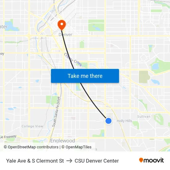Yale Ave & S Clermont St to CSU Denver Center map