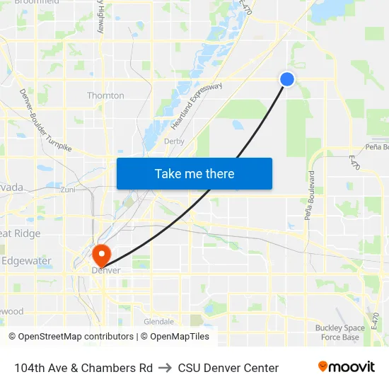104th Ave & Chambers Rd to CSU Denver Center map