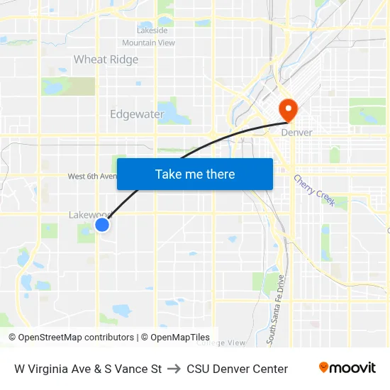 W Virginia Ave & S Vance St to CSU Denver Center map
