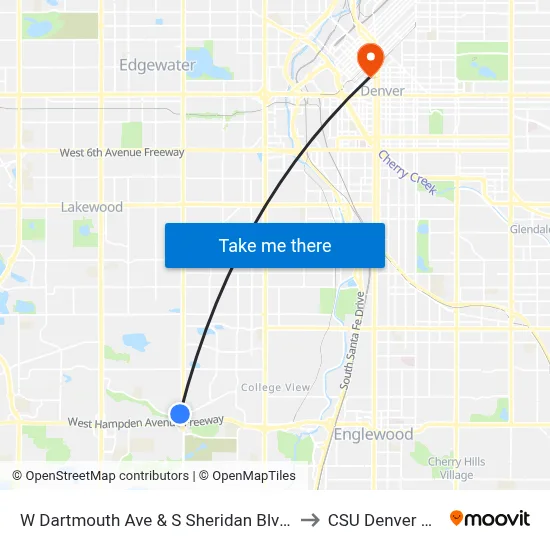 W Dartmouth Ave & S Sheridan Blvd Nearside to CSU Denver Center map