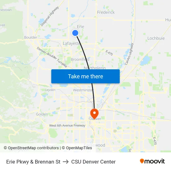 Erie Pkwy & Brennan St to CSU Denver Center map