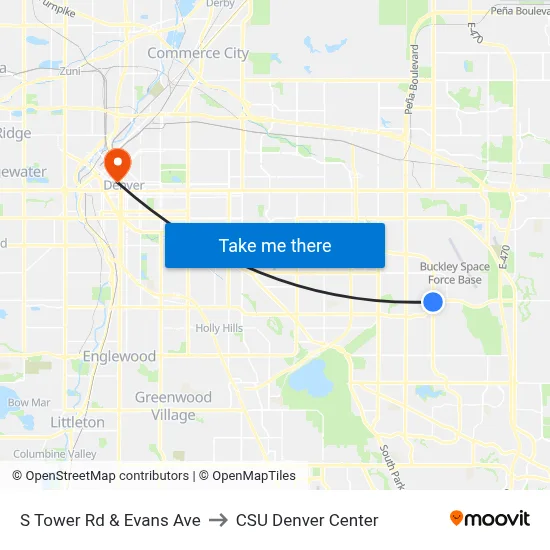 S Tower Rd & Evans Ave to CSU Denver Center map