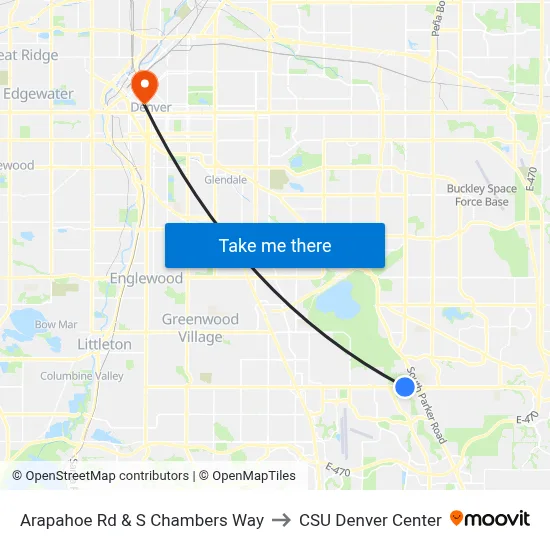 Arapahoe Rd & S Chambers Way to CSU Denver Center map