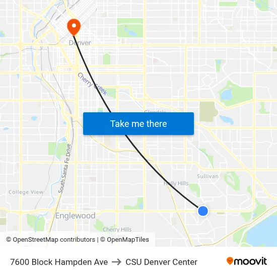 7600 Block Hampden Ave to CSU Denver Center map