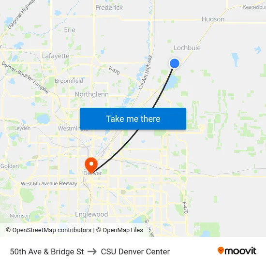 50th Ave & Bridge St to CSU Denver Center map