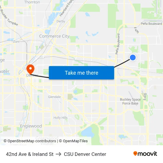42nd Ave & Ireland St to CSU Denver Center map