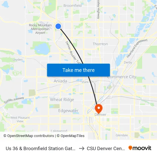 Us 36 & Broomfield Station Gate C to CSU Denver Center map