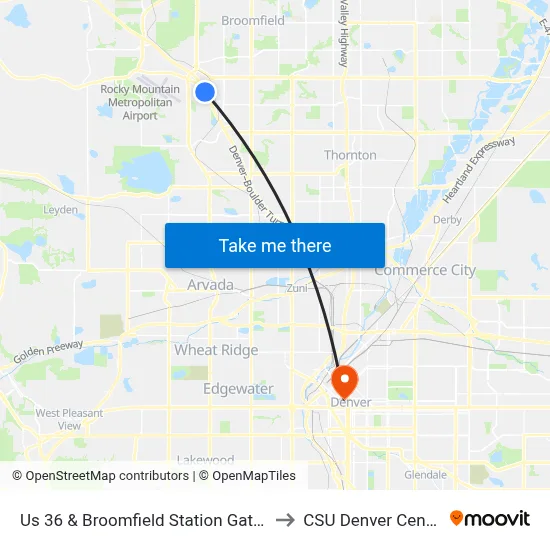Us 36 & Broomfield Station Gate L to CSU Denver Center map