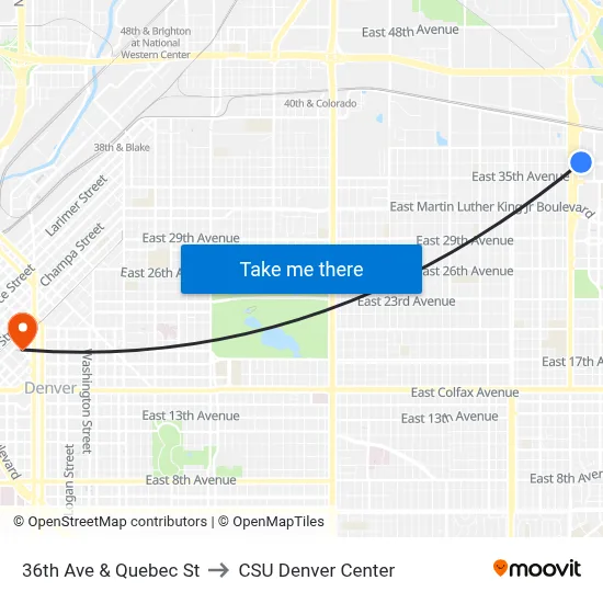 36th Ave & Quebec St to CSU Denver Center map
