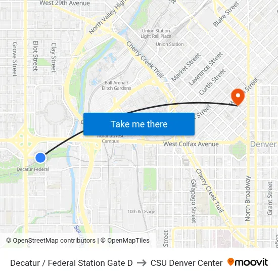 Decatur / Federal Station Gate D to CSU Denver Center map