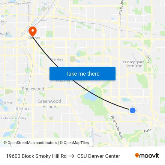 19600 Block Smoky Hill Rd to CSU Denver Center map