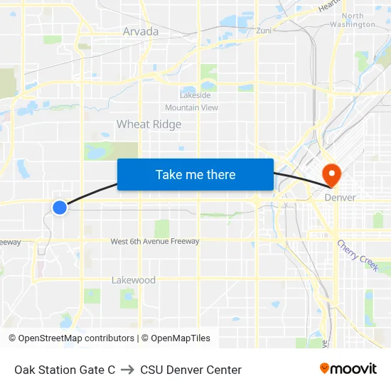 Oak Station Gate C to CSU Denver Center map