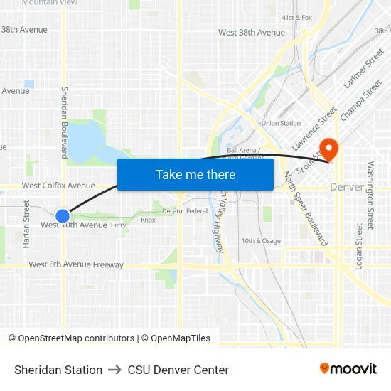 Sheridan Station to CSU Denver Center map