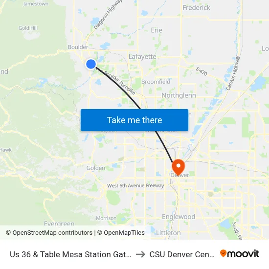 Us 36 & Table Mesa Station Gate A to CSU Denver Center map