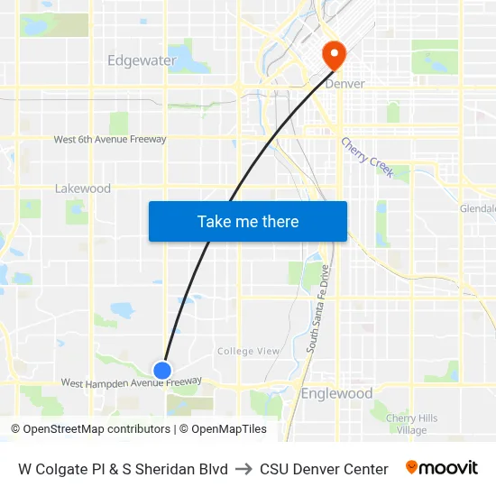 W Colgate Pl & S Sheridan Blvd to CSU Denver Center map