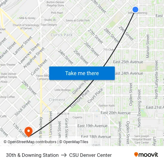 30th & Downing Station to CSU Denver Center map