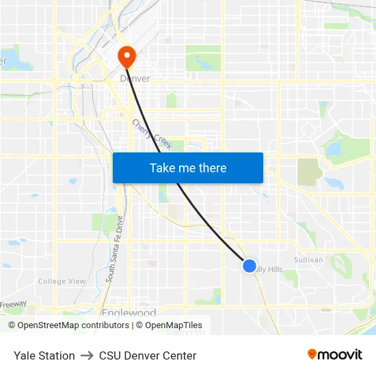 Yale Station to CSU Denver Center map