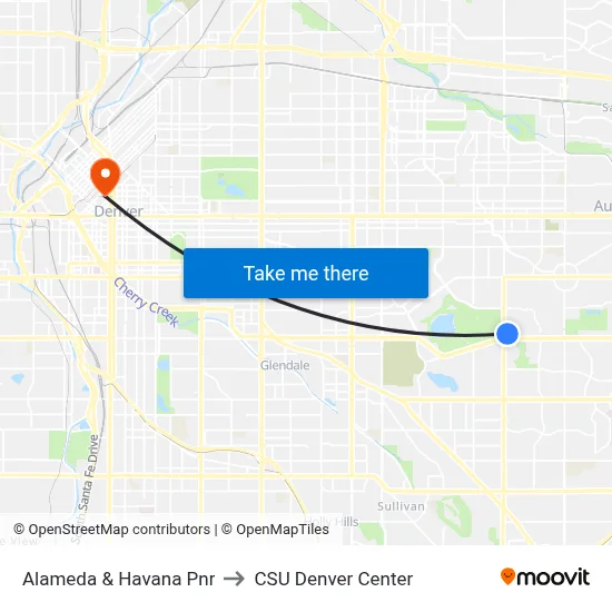 Alameda & Havana Pnr to CSU Denver Center map