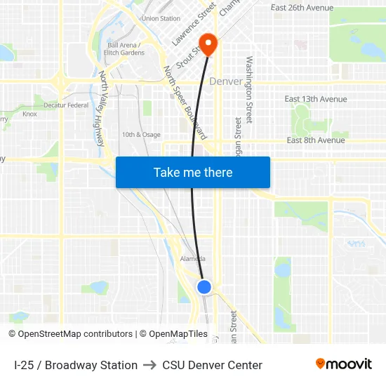 I-25 / Broadway Station to CSU Denver Center map