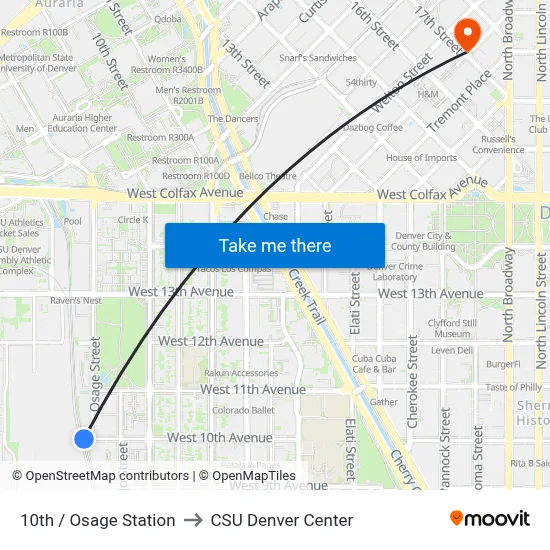 10th / Osage Station to CSU Denver Center map