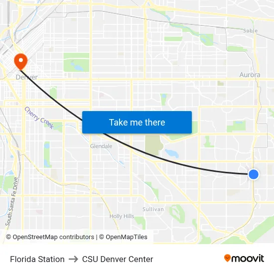 Florida Station to CSU Denver Center map
