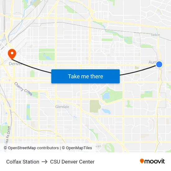 Colfax Station to CSU Denver Center map