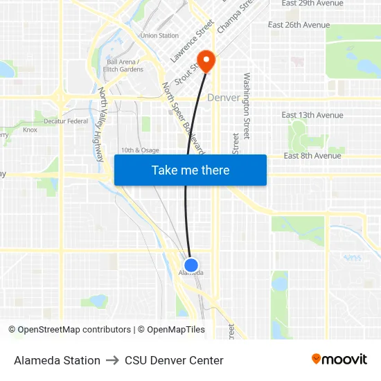 Alameda Station to CSU Denver Center map