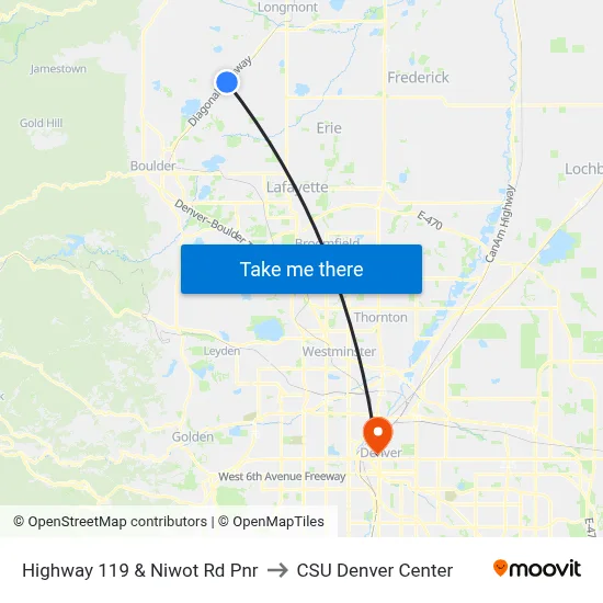 Highway 119 & Niwot Rd Pnr to CSU Denver Center map