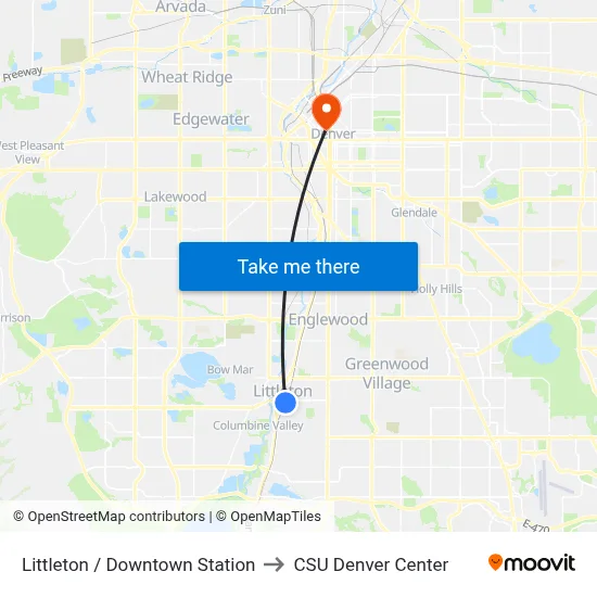 Littleton / Downtown Station to CSU Denver Center map