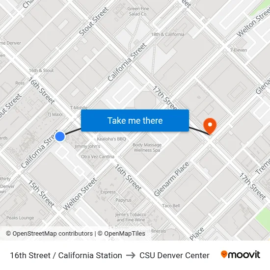 16th Street / California Station to CSU Denver Center map