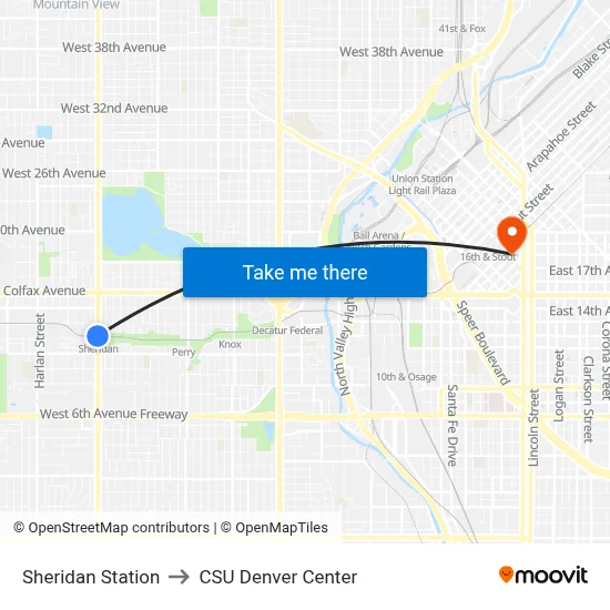 Sheridan Station to CSU Denver Center map