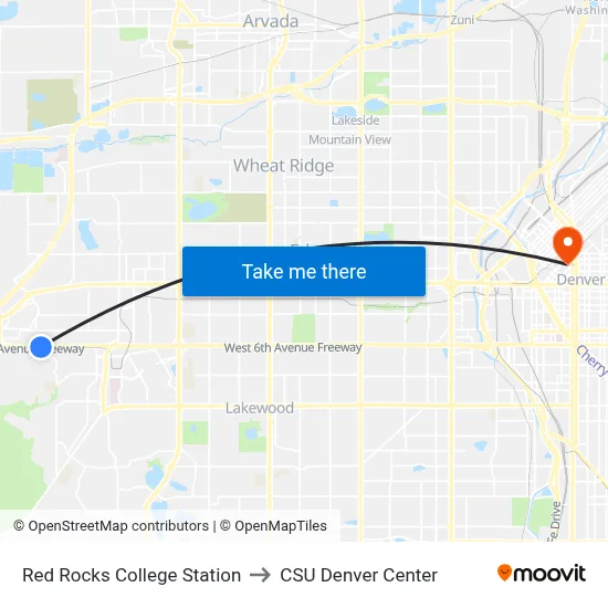 Red Rocks College Station to CSU Denver Center map