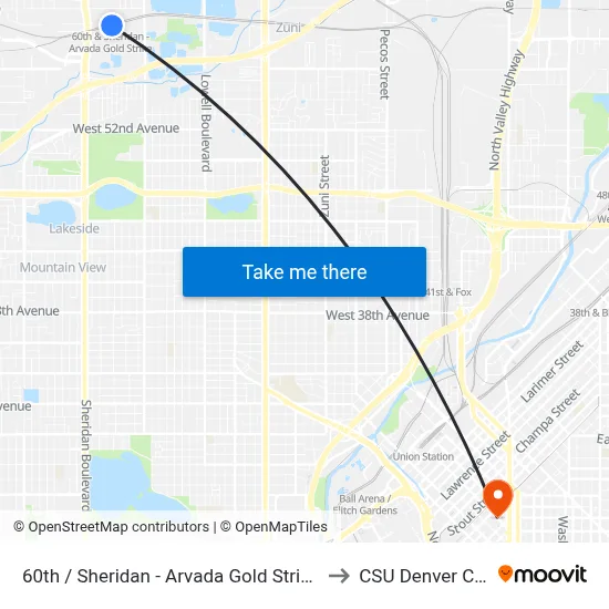 60th / Sheridan - Arvada Gold Strike Station to CSU Denver Center map