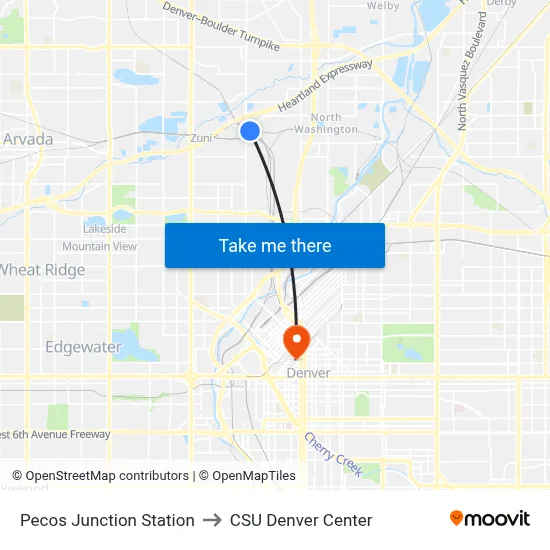 Pecos Junction Station to CSU Denver Center map