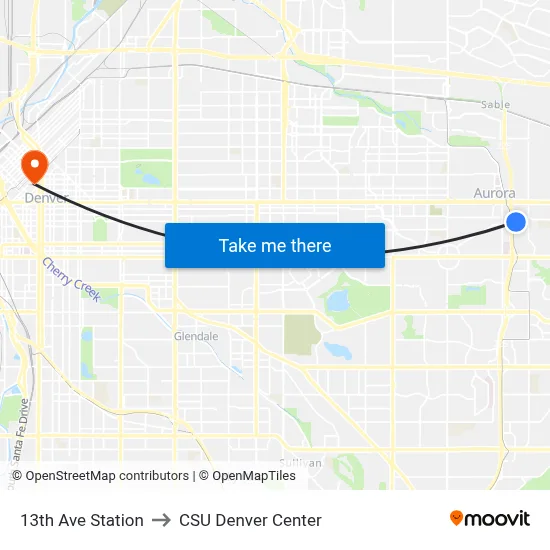 13th Ave Station to CSU Denver Center map